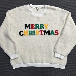 BIBI Merry Christmas Sherpa Fleece Sweater Ivory Fuzzy Pullover Women's M Cozy